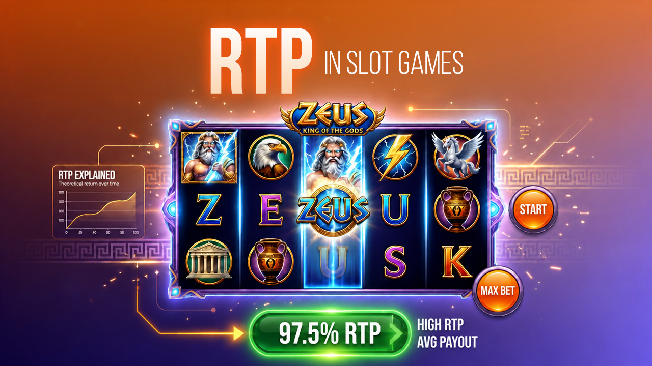 Promotional image for Zeus: King of the Gods slot, showing reels with themed symbols and a 97.5% RTP badge at the bottom left.