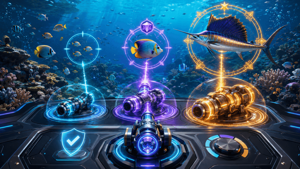 Online fishing game cannon levels and target value multipliers