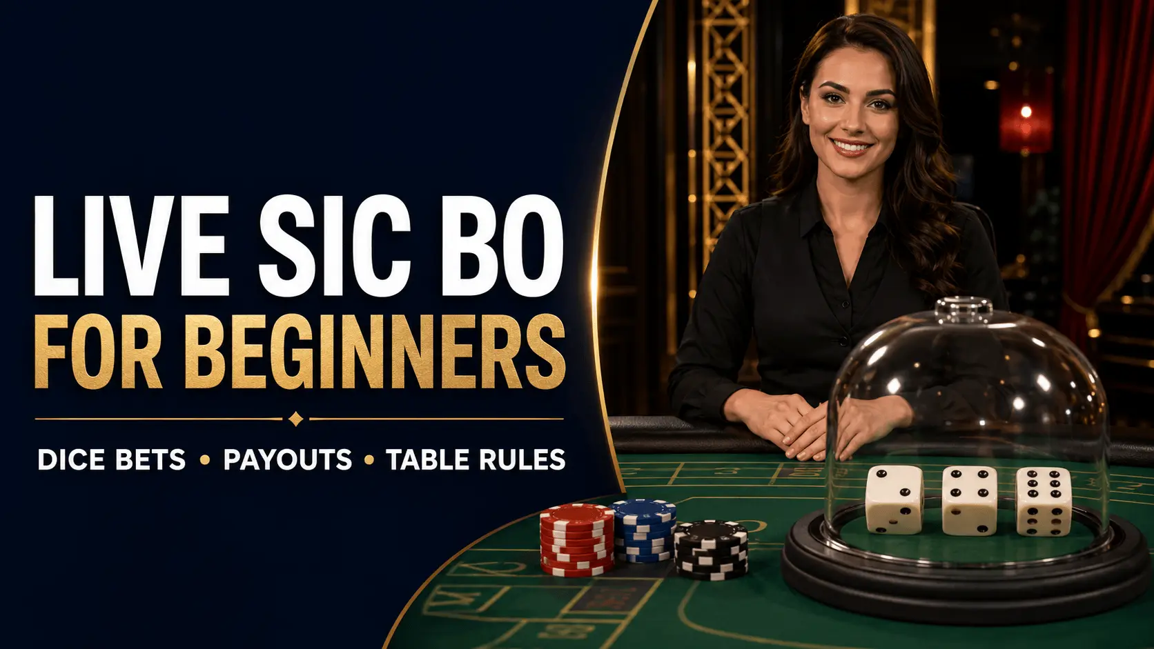 Live Sic Bo for beginners with three dice and betting table