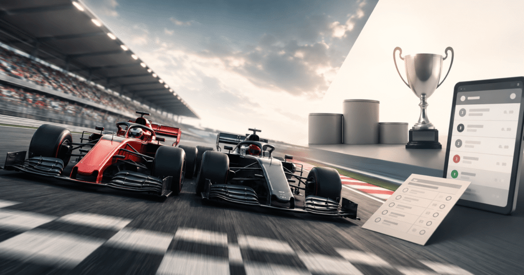 Two Formula 1 cars race side by side on a track, with a trophy and podium beside a tablet showing a dashboard.