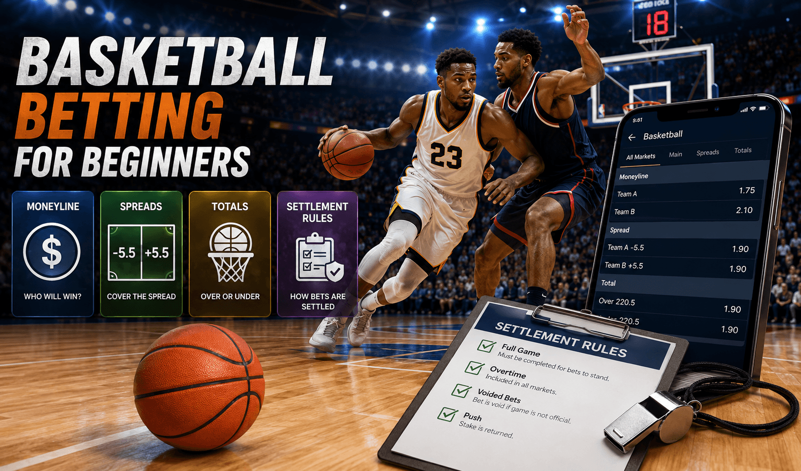 Basketball betting guide showing moneyline, point spread and totals markets
