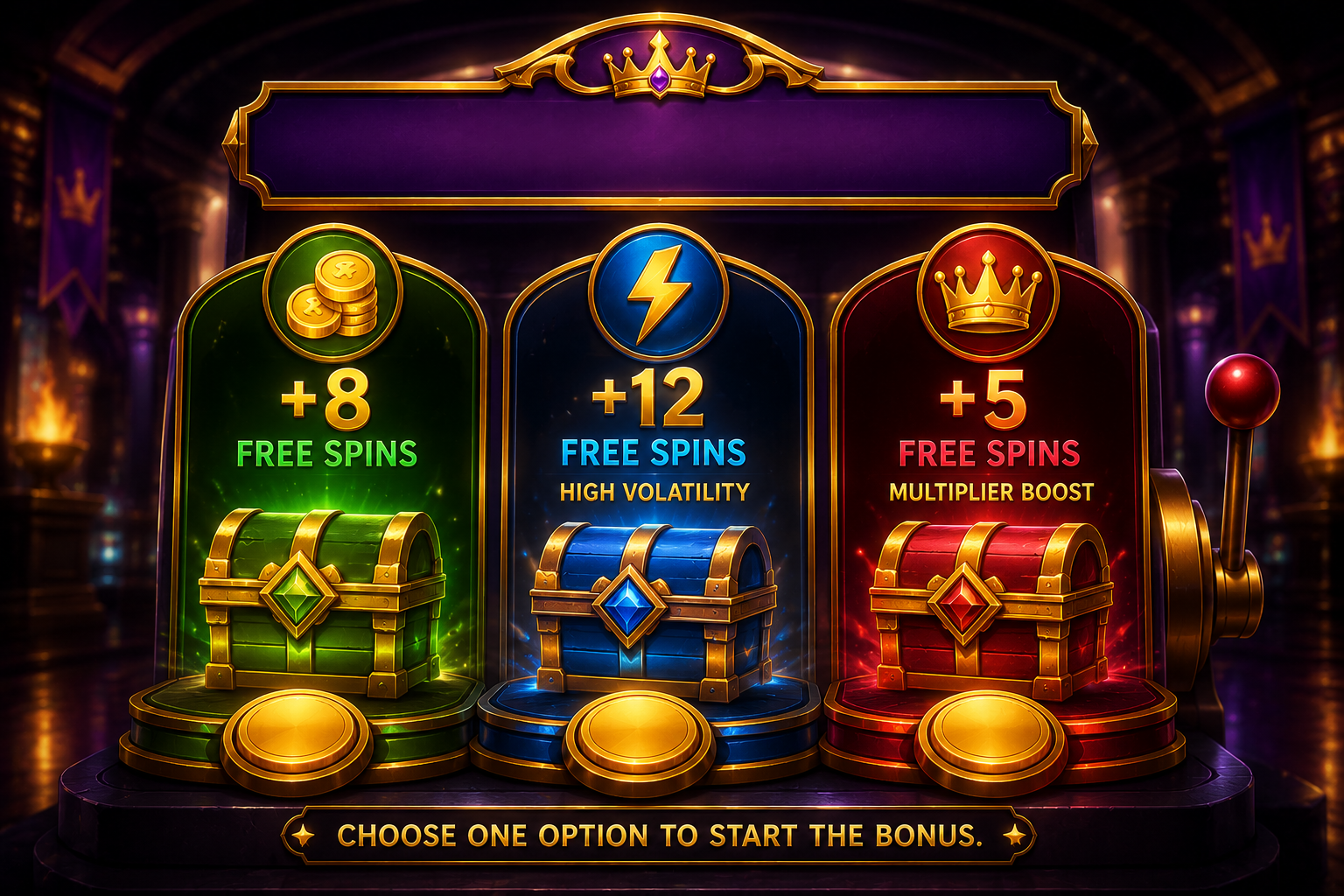 Slot bonus selection screen comparing three free-spin modes