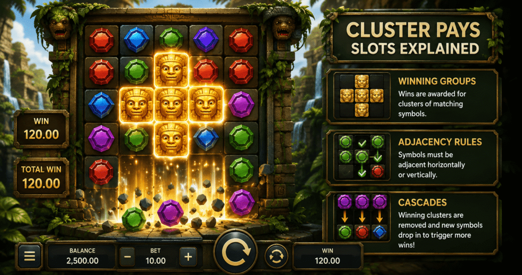 Cluster pays slot grid showing a connected group of matching symbols