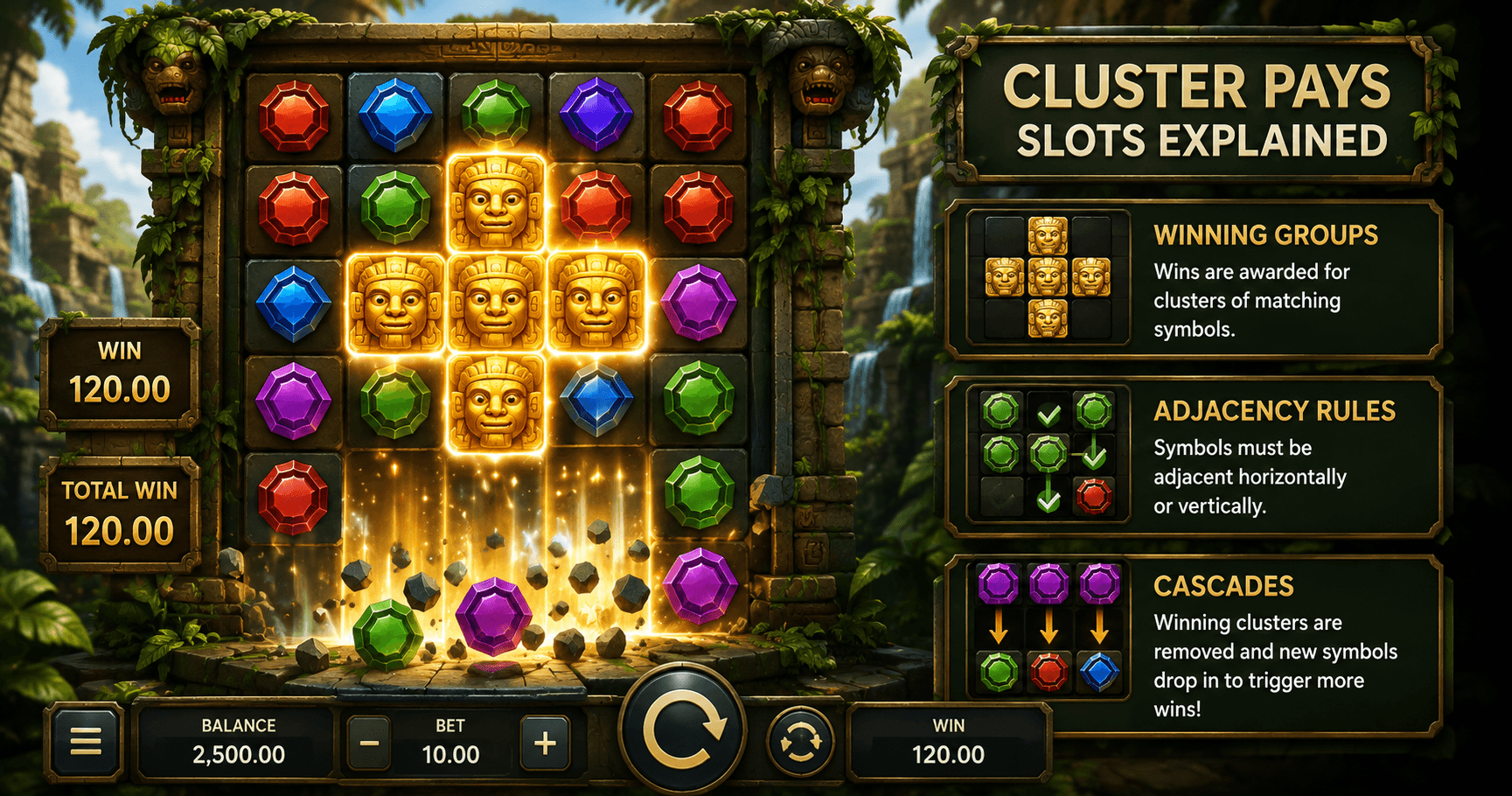 Cluster pays slot grid showing a connected group of matching symbols