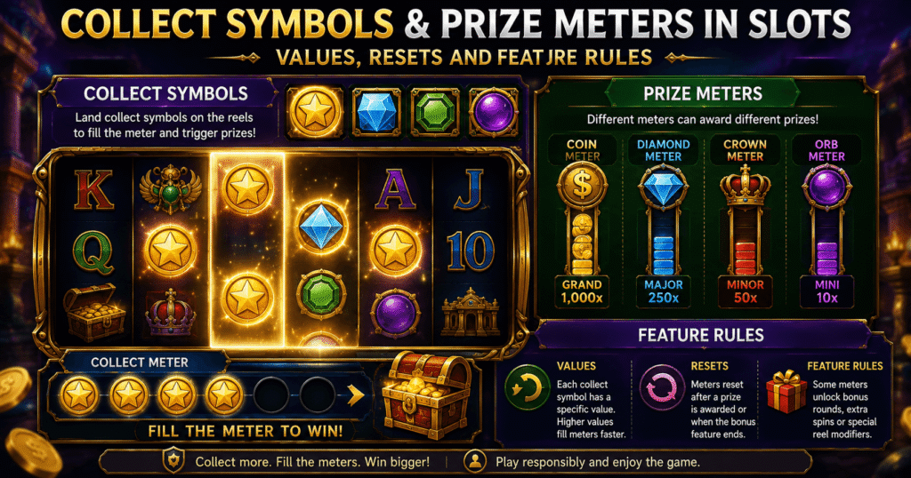 Online slot showing cash symbols, a collector icon and a prize meter