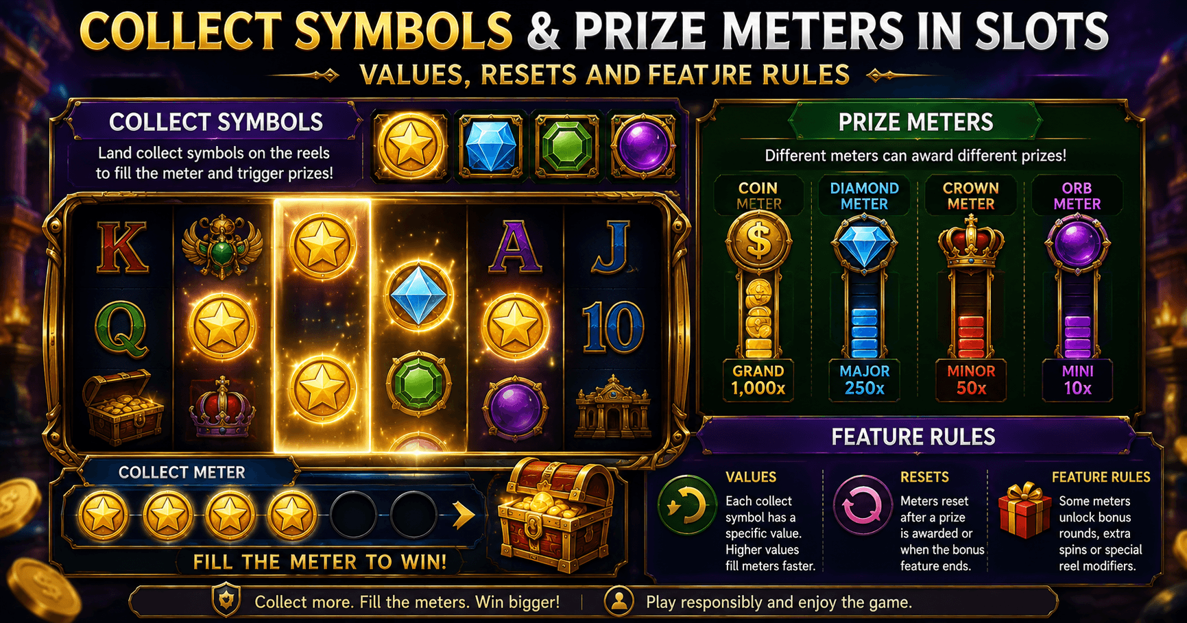 Online slot showing cash symbols, a collector icon and a prize meter