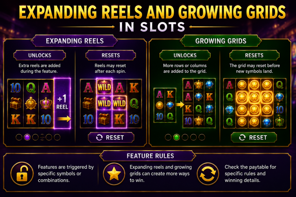 Slot layout growing from a small reel set into a larger grid