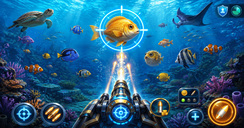 Underwater fishing game screen showing target-lock and automatic cannon controls