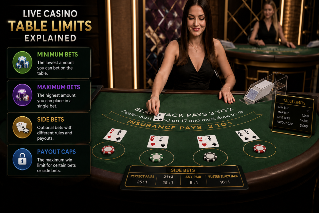 Live casino interface showing minimum and maximum table limits, chips and side bets