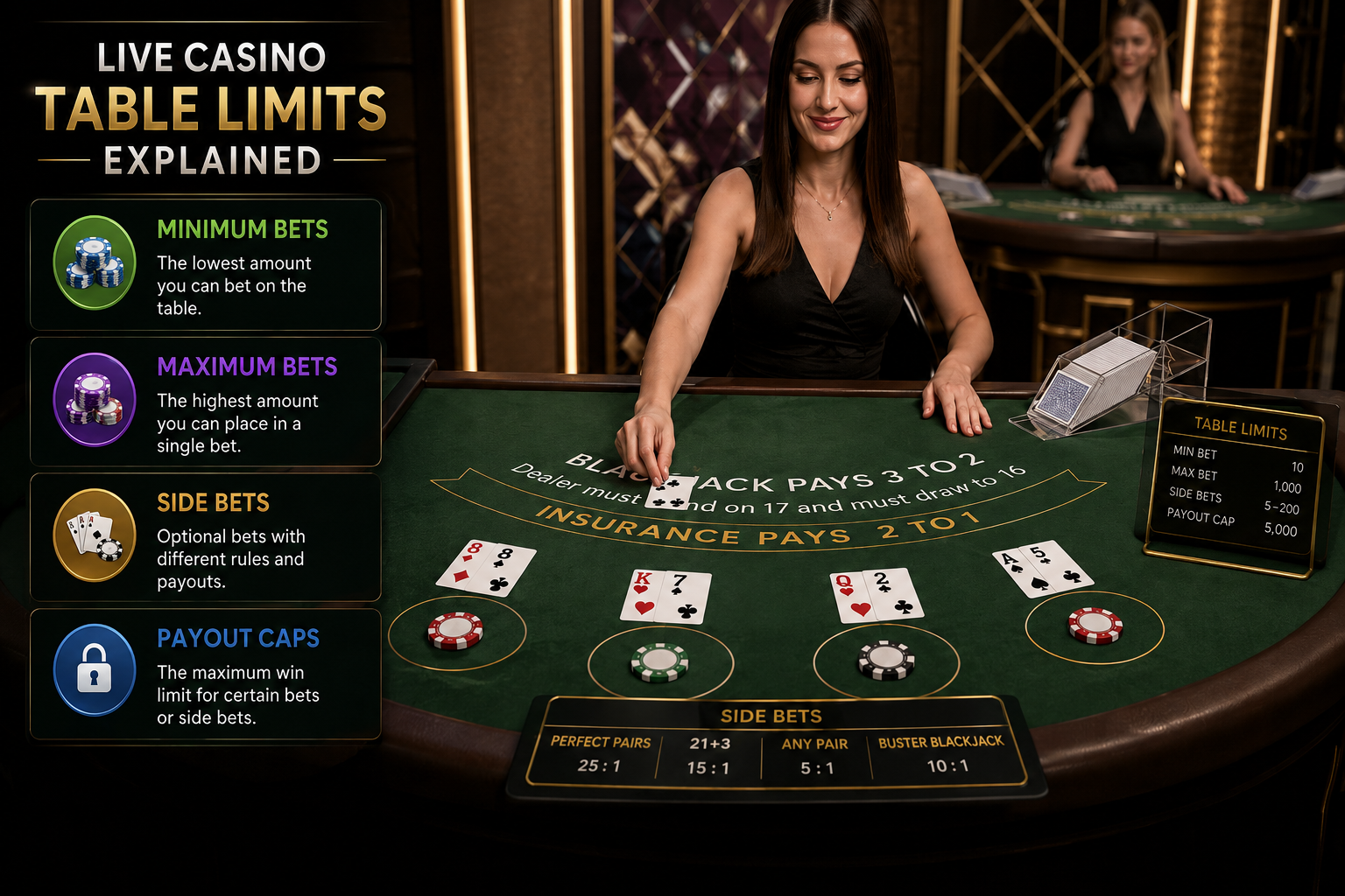 Live casino interface showing minimum and maximum table limits, chips and side bets