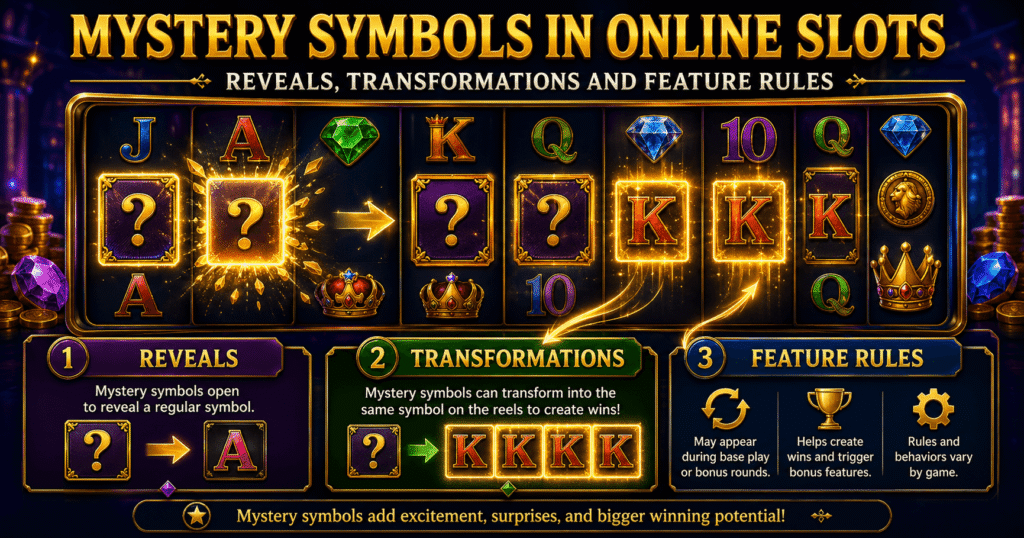 Online slot grid with mystery symbols revealing matching icons