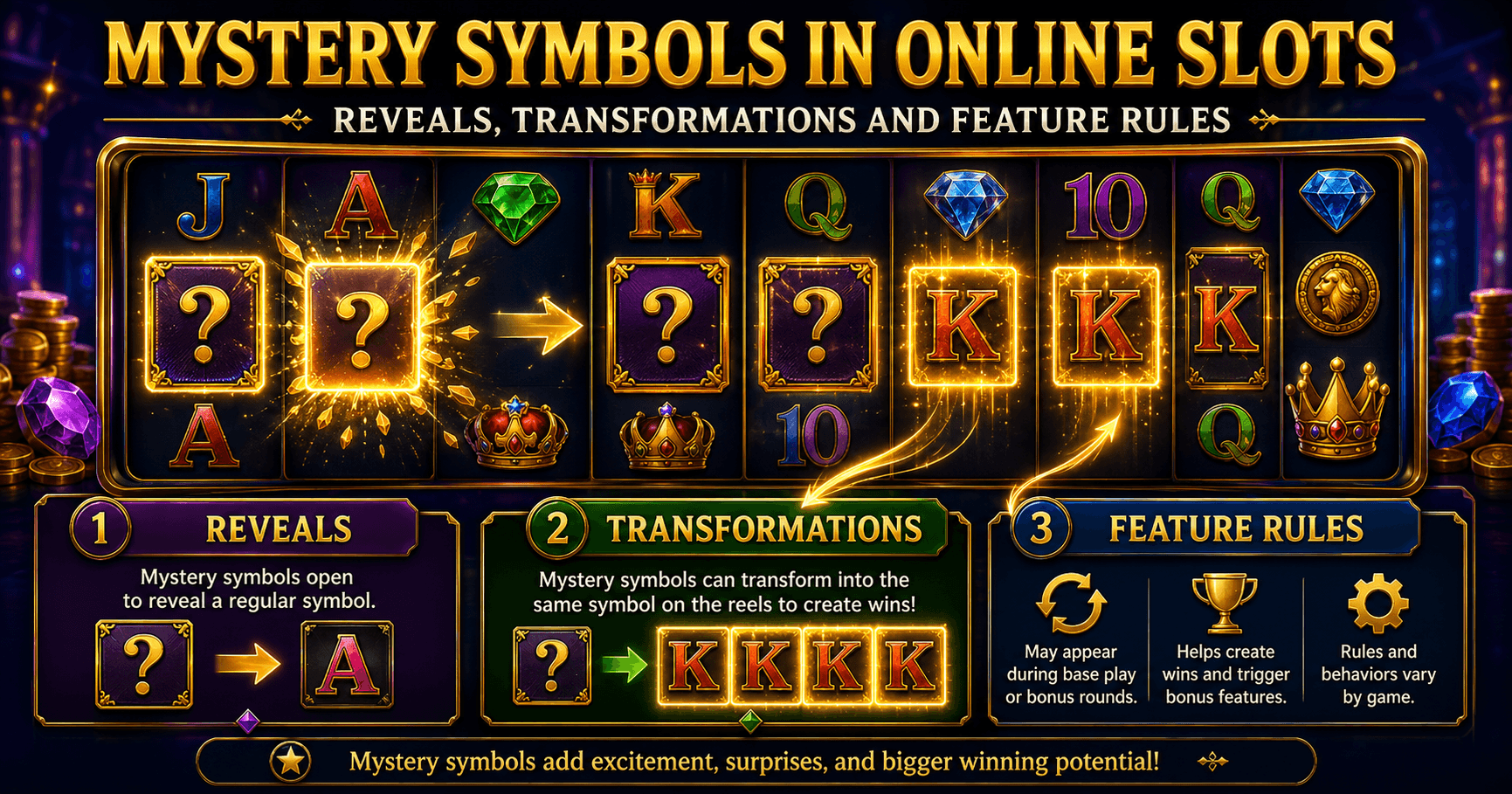 Online slot grid with mystery symbols revealing matching icons