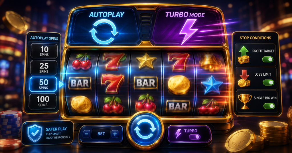Online slot controls showing an autoplay spin count, stop button and turbo mode