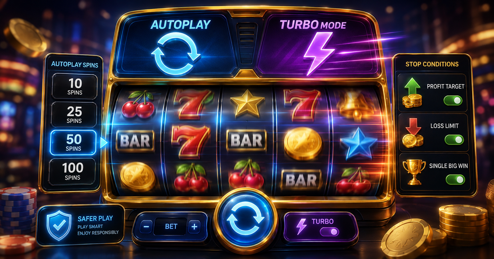 Online slot controls showing an autoplay spin count, stop button and turbo mode