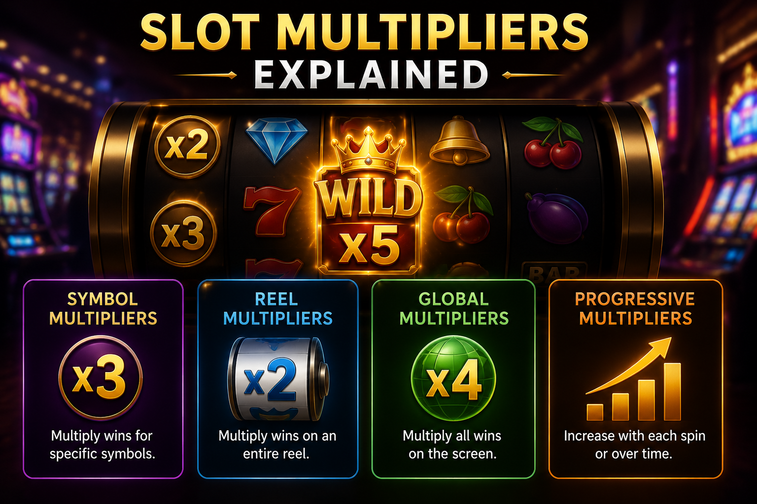 Slot reels showing wild, reel and global multiplier examples