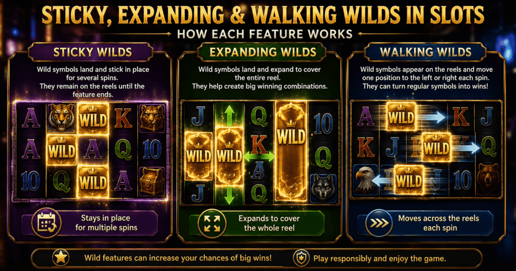 Slot reels comparing sticky, expanding and walking wild symbols