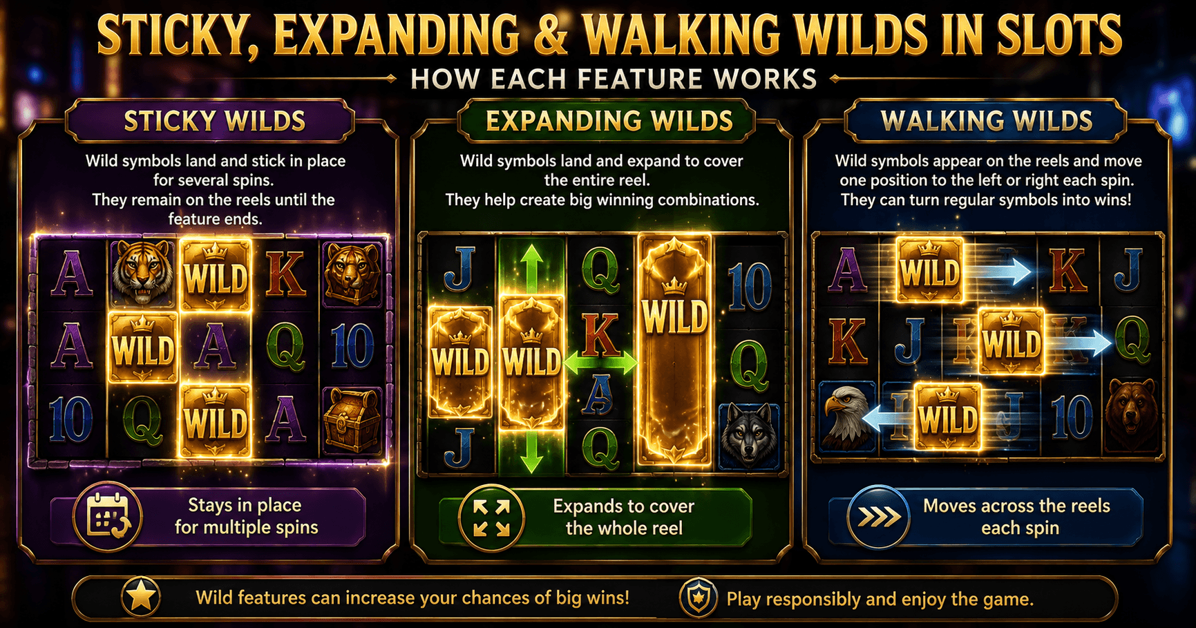 Slot reels comparing sticky, expanding and walking wild symbols